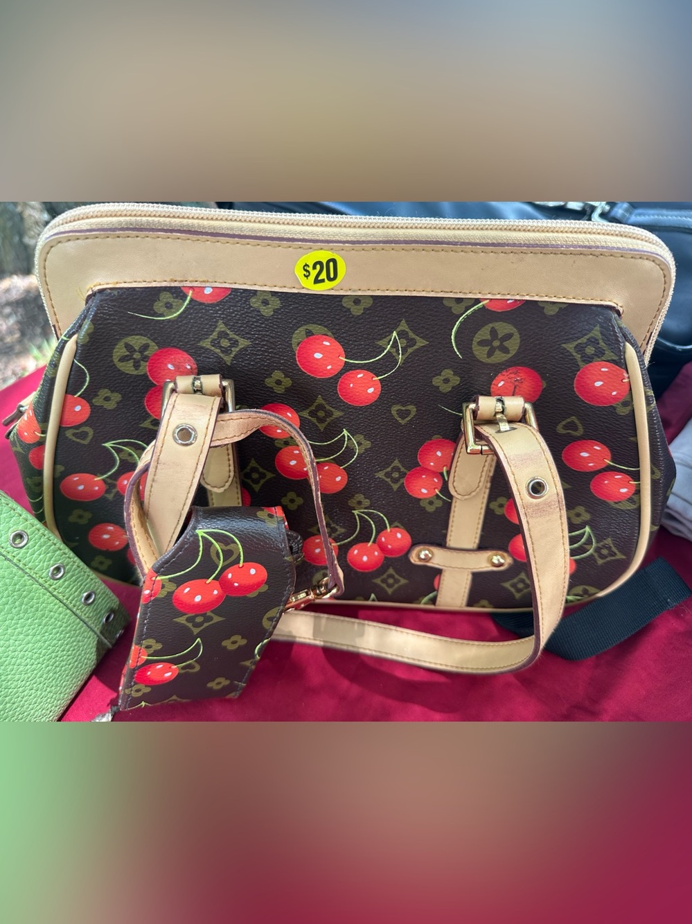 Designer-Inspired Cherry Print Brown Satchel Bag - Tan Trim